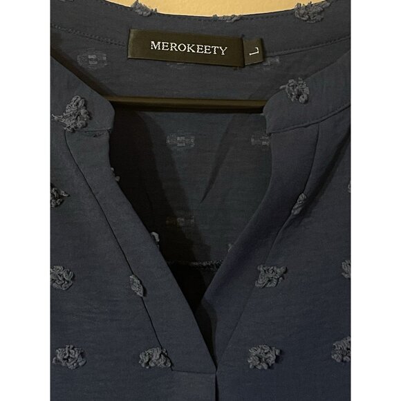 Merokeety Womens Blouse Navy Swiss Pom Pom Dot Short Sleeve Tunic Top Size L - Picture 5 of 13